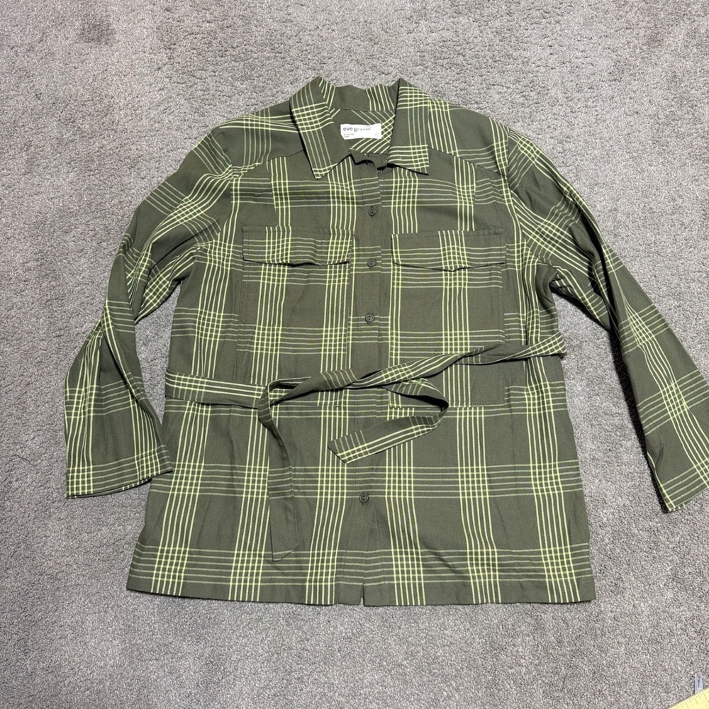 Eve Gravel Olive Green Plaid Belted Button Down Shirt Viscose Cotton Size L